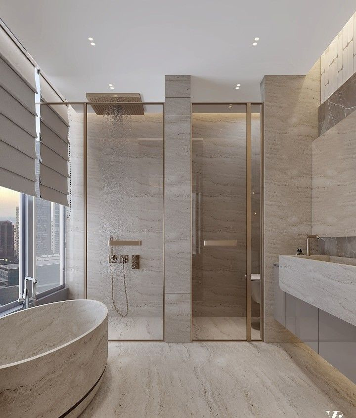 Spa bathroom with freestanding tub and walk-in shower