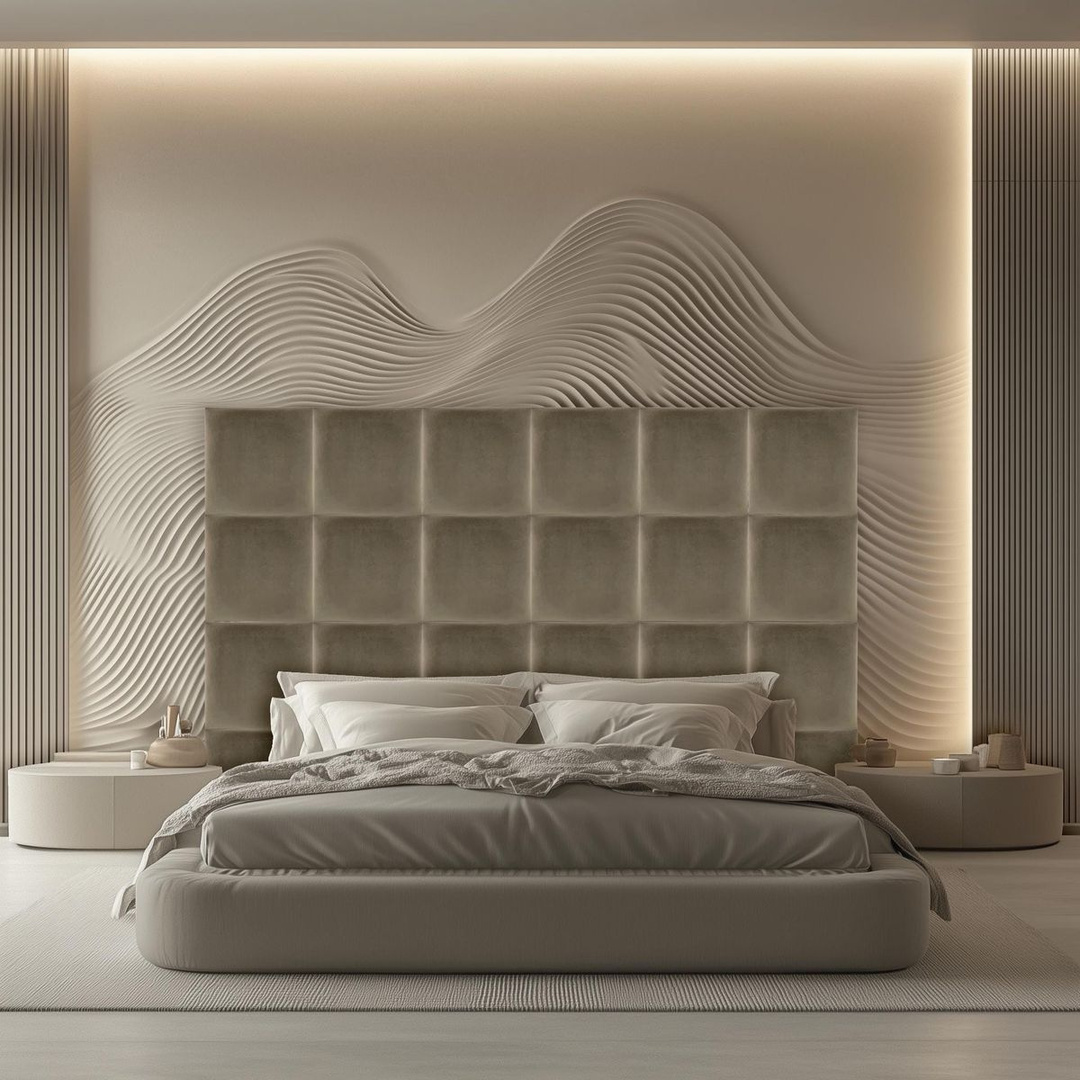 Primary bedroom with sculpted upholstered headboard wall