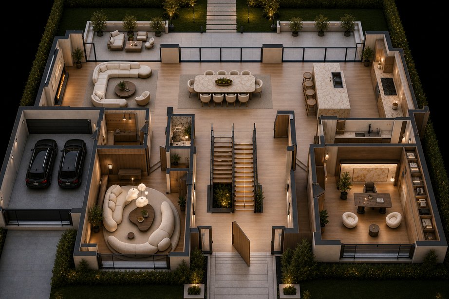 Staged 3D dollhouse rendering of the first floor