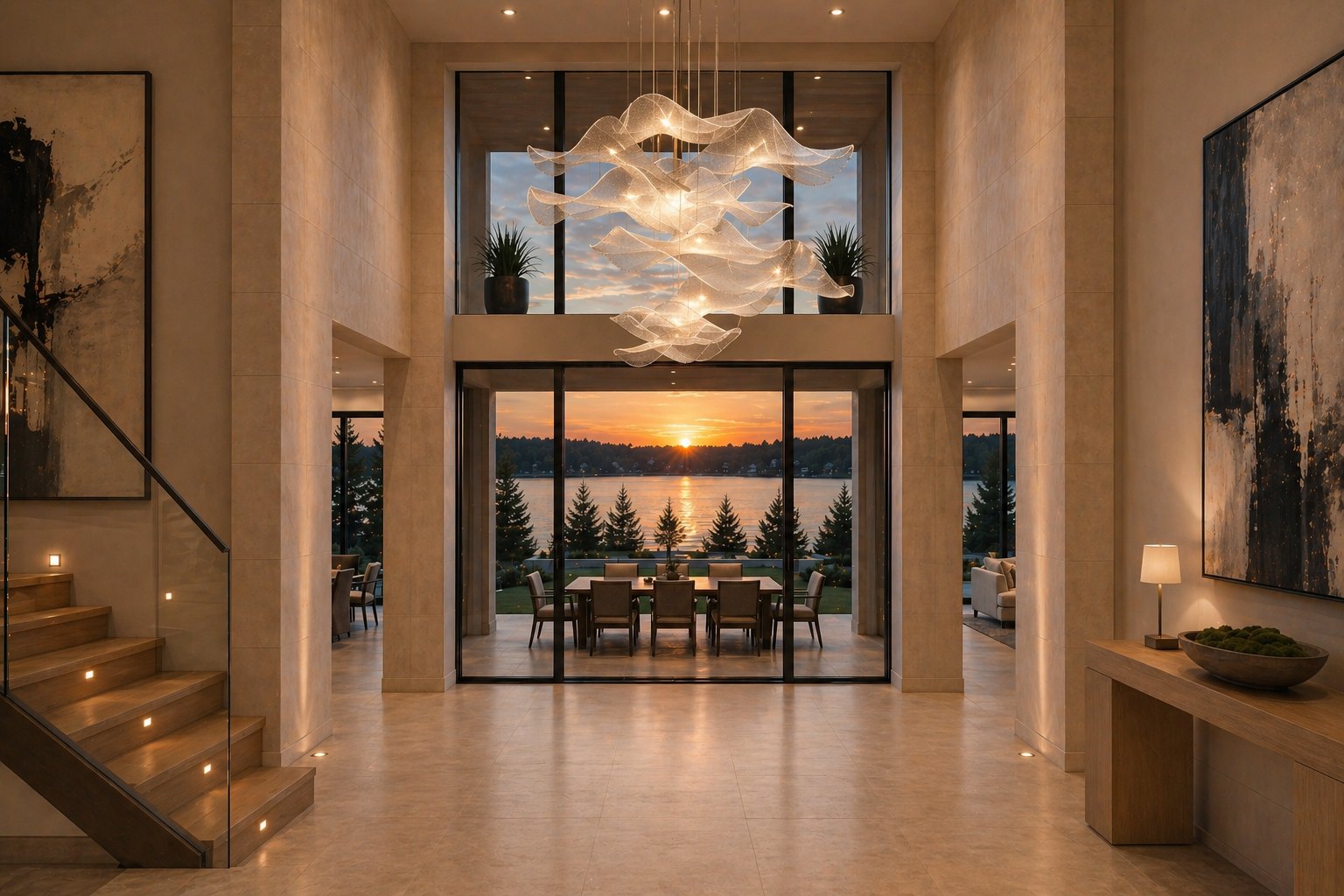Double-height foyer with sculptural chandelier and indoor-outdoor flow