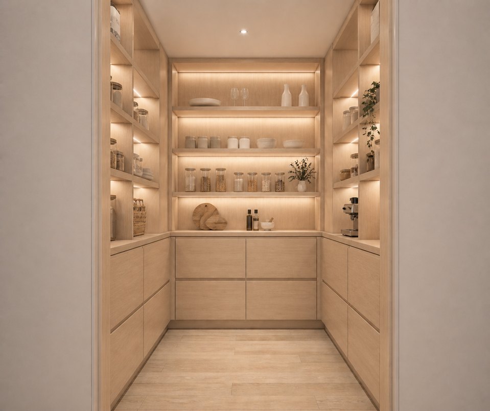 Hidden scullery pantry with backlit shelving
