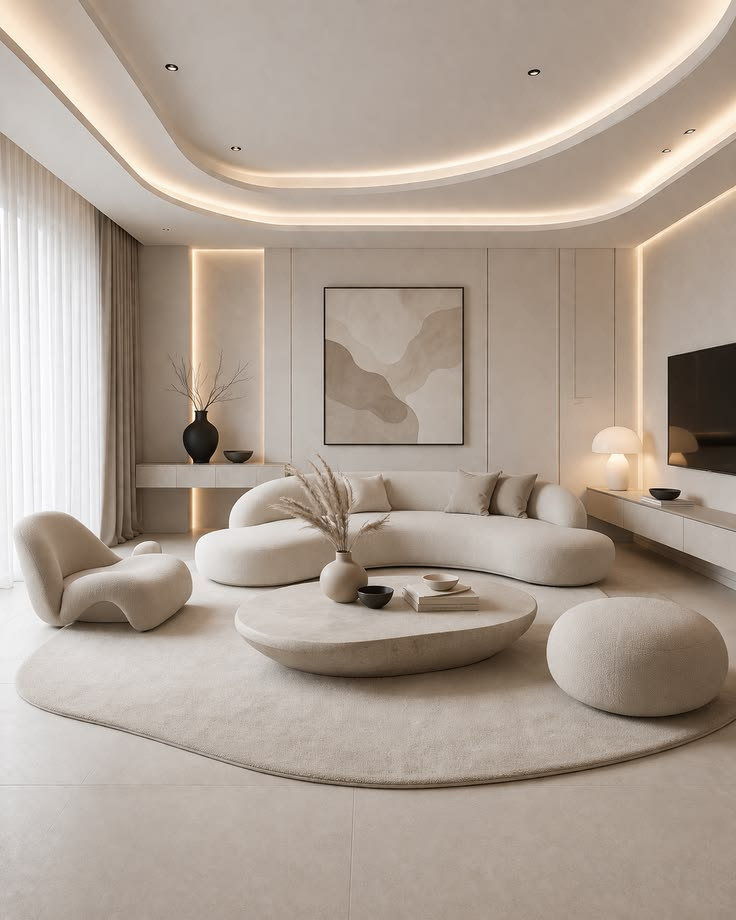Sculpted living room with curved seating and recessed cove lighting