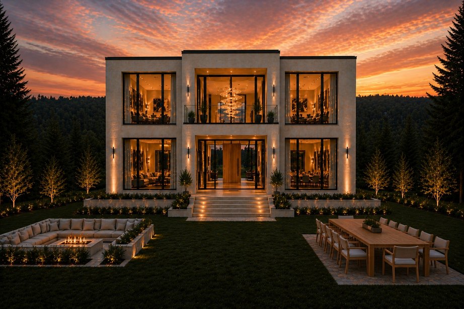 Modern exterior at twilight with integrated outdoor patio