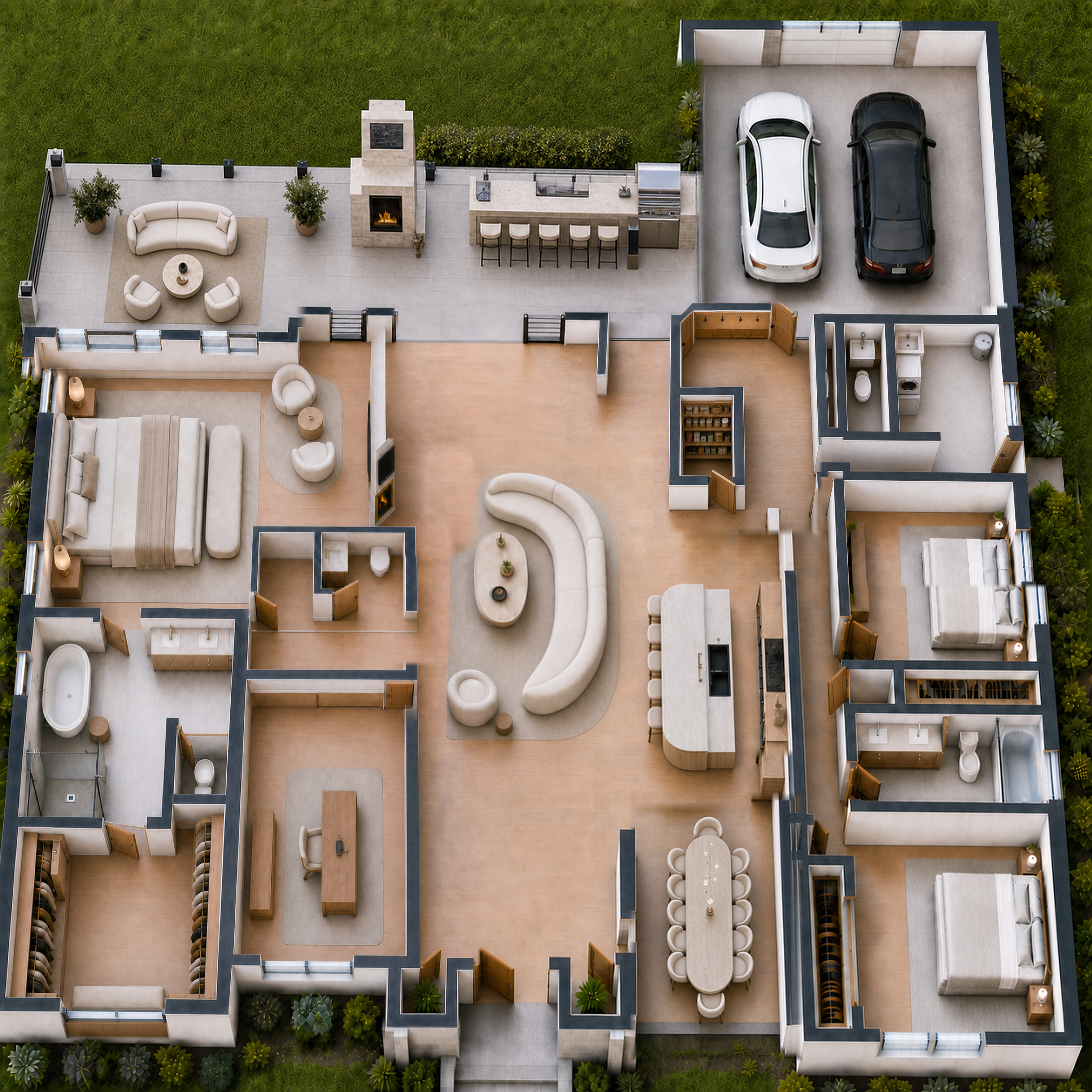 Top-down 3D dollhouse rendering of the Lionshead Ranch concept