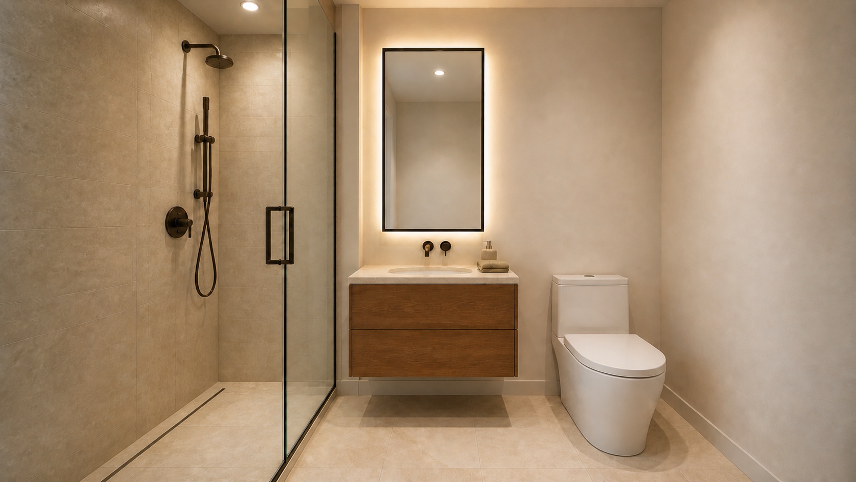 The Modern secondary bathroom with stone vanity