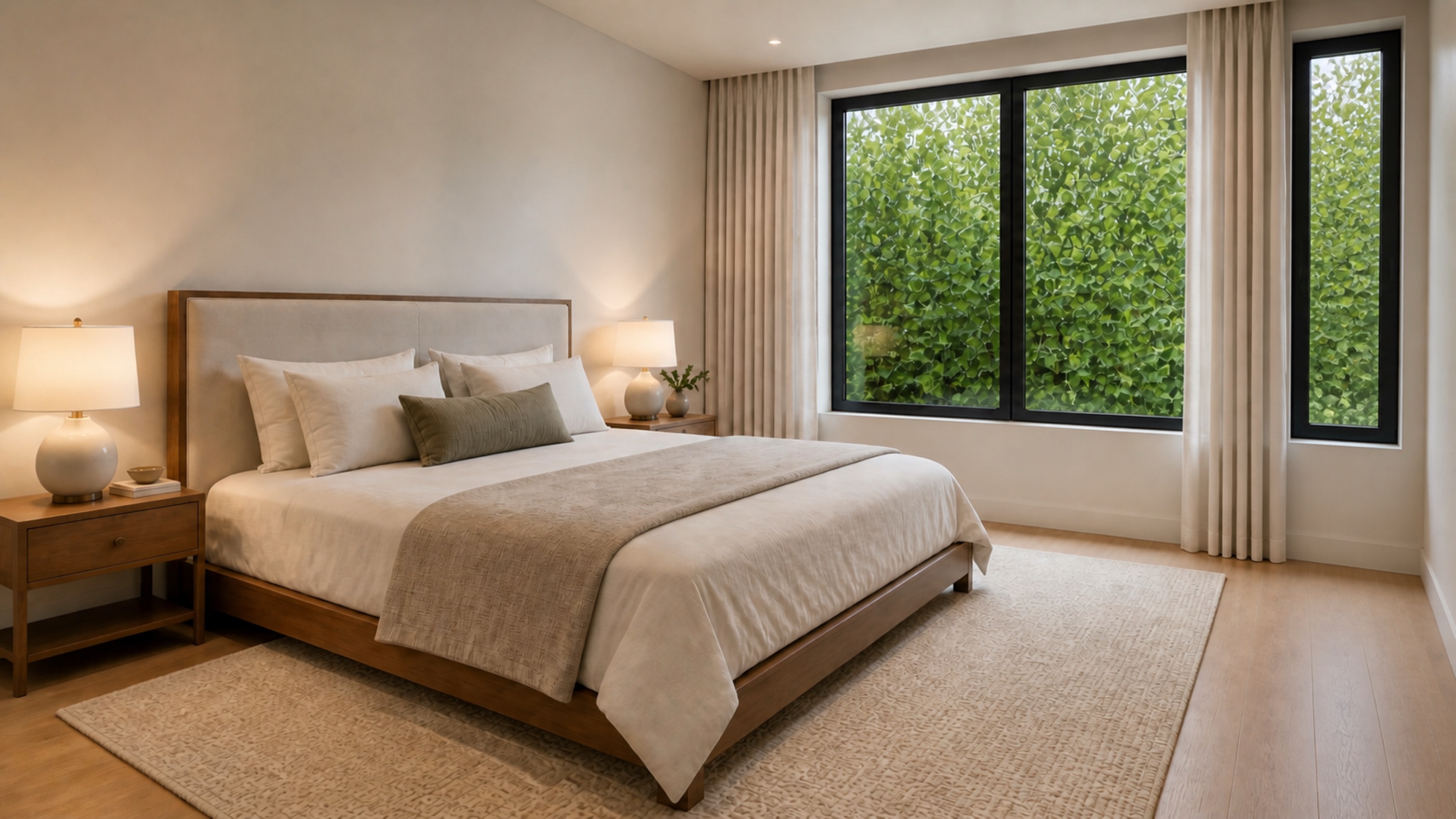 The Modern secondary bedroom with garden view