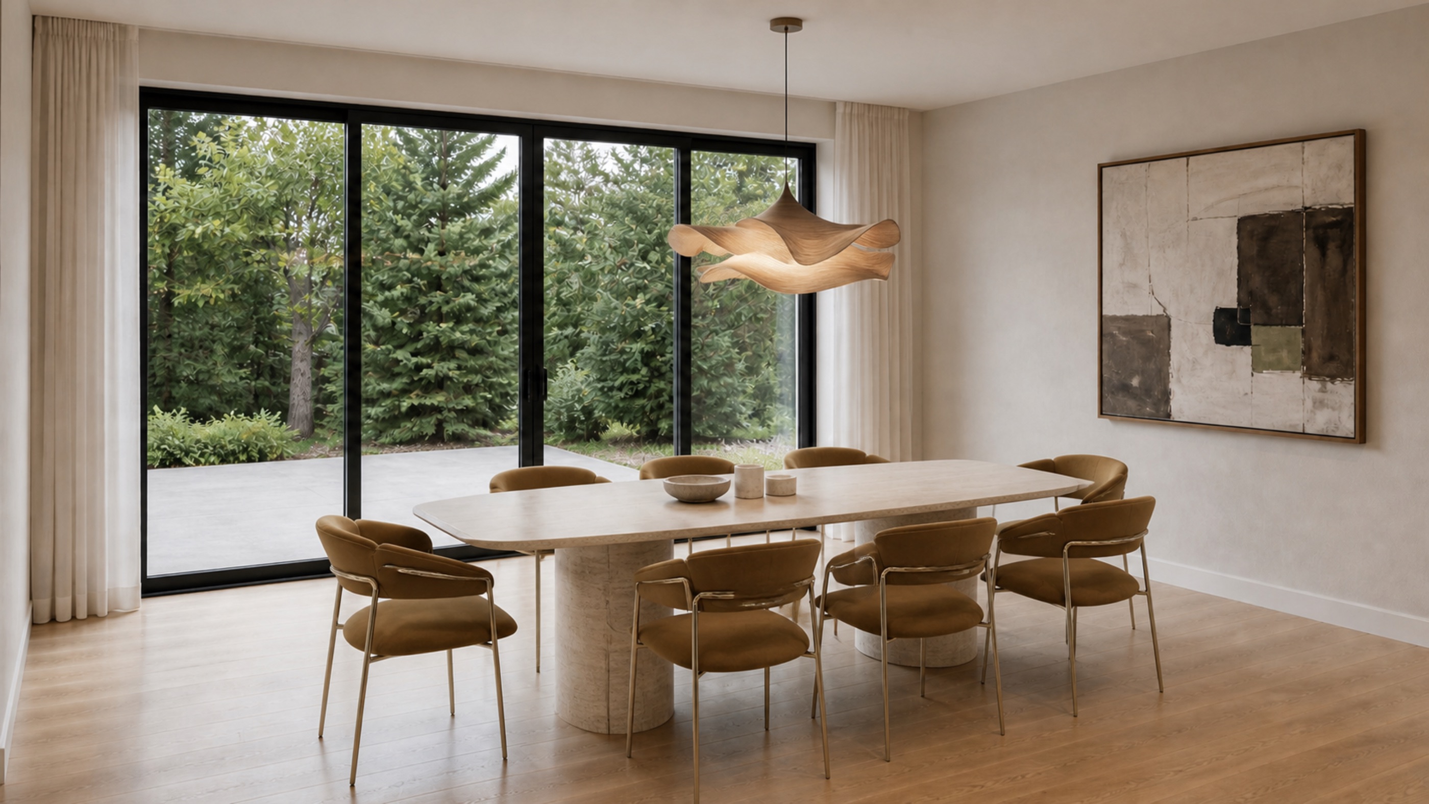 The Modern dining room opening to mature trees