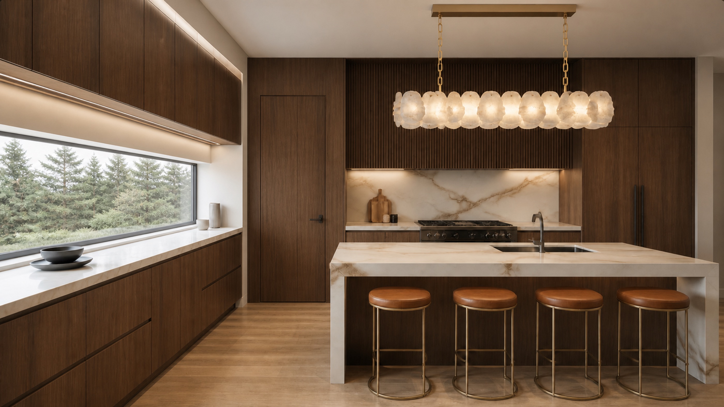 The Modern kitchen with sculptural island and warm wood cabinetry