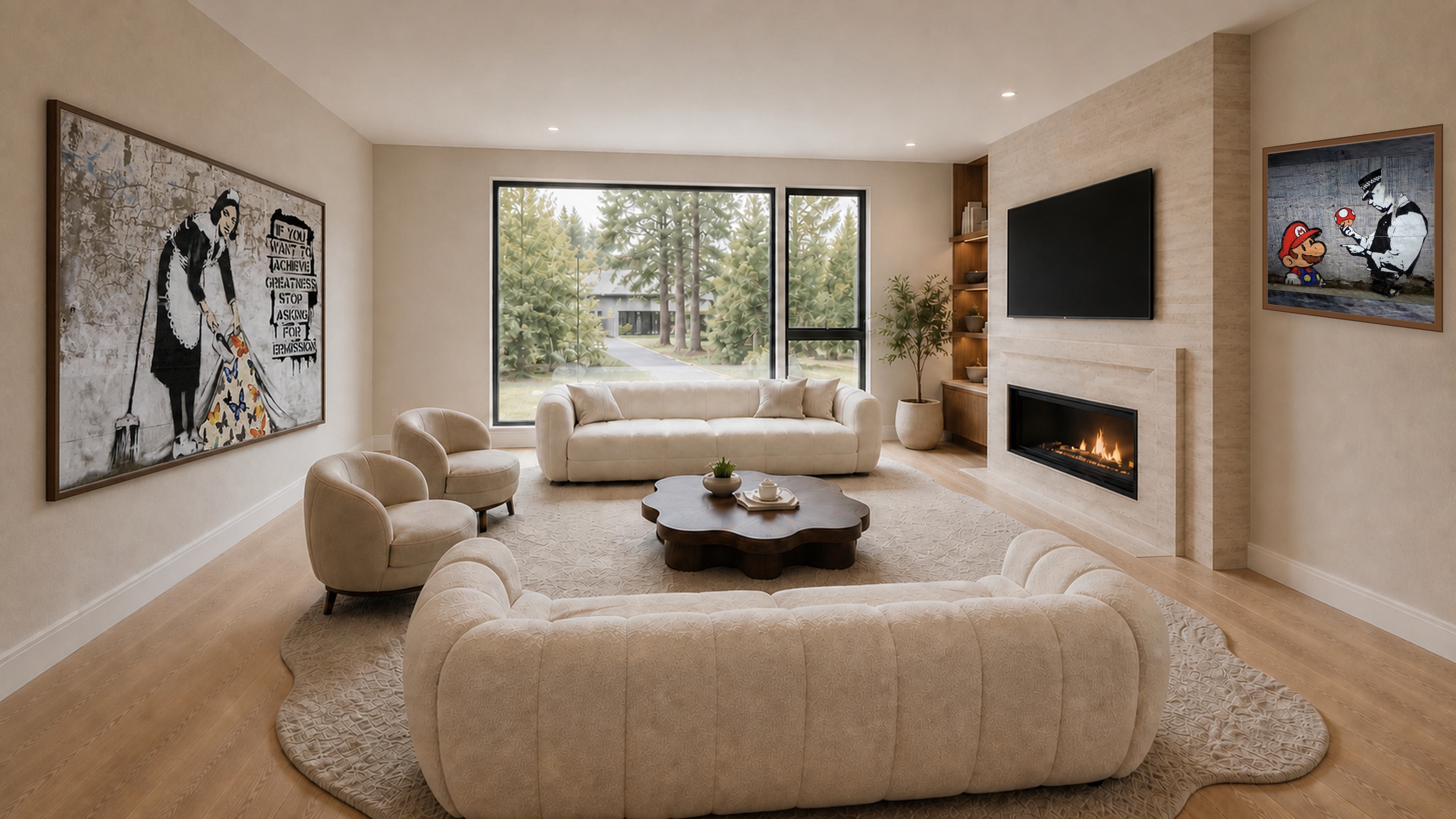 The Modern great room with warm stone, wood, and garden views