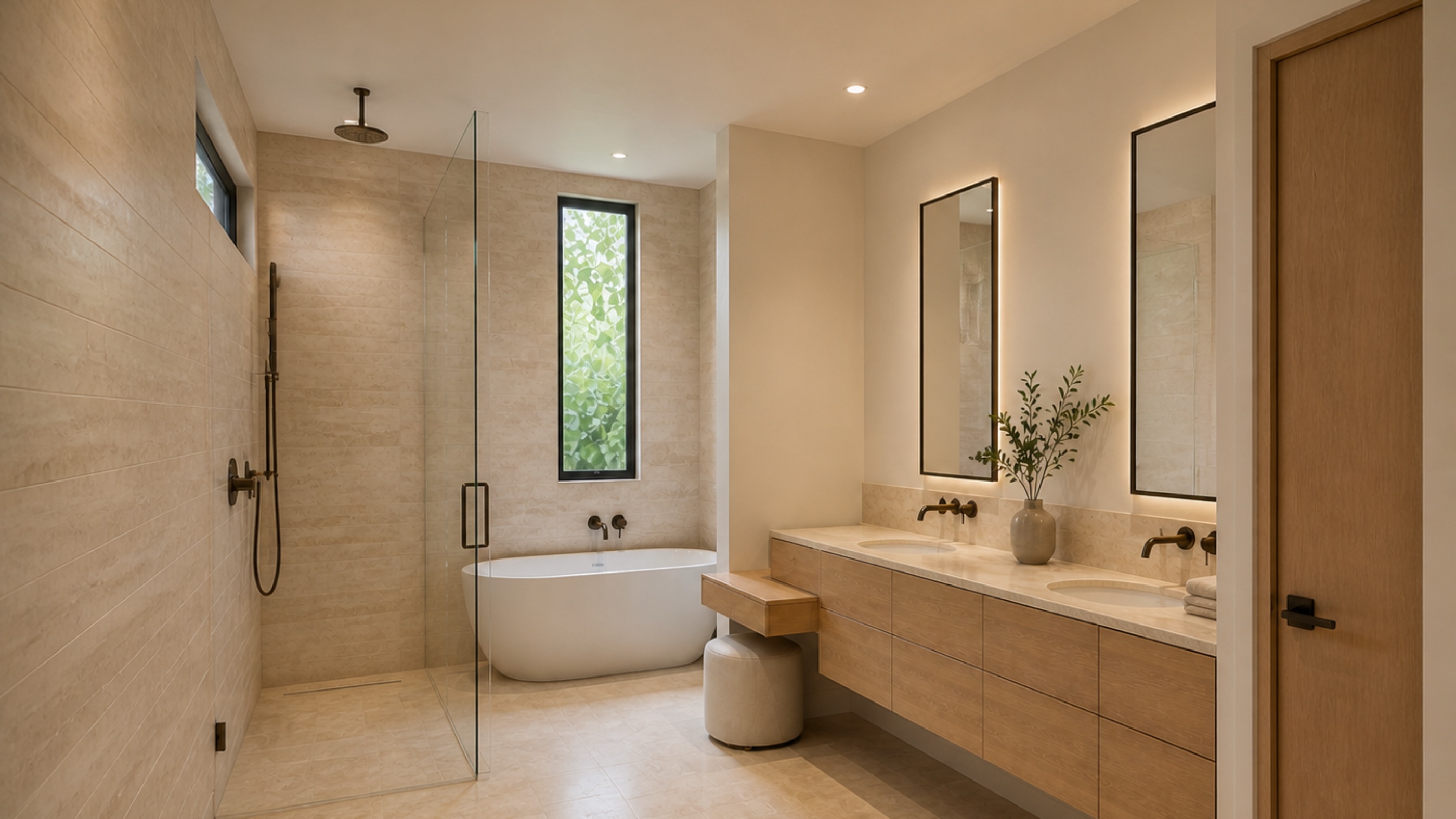 The Modern primary bathroom in warm stone and wood