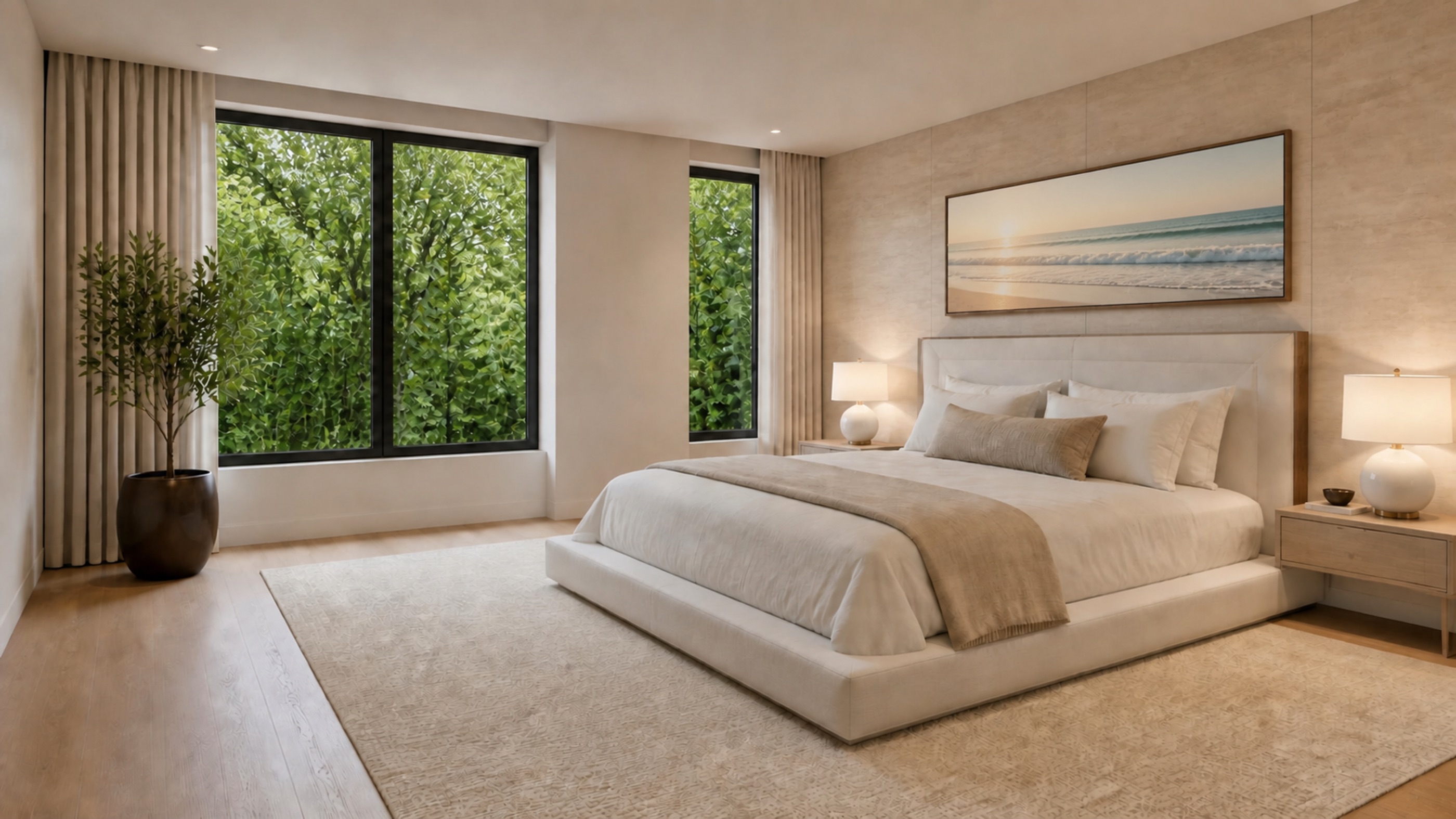 The Modern primary bedroom with upholstered wall and twin windows